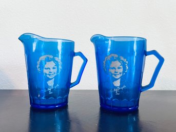 Pair Of Vintage Hazel Atlas Shirley Temple Cobalt Blue Mini Pitchers