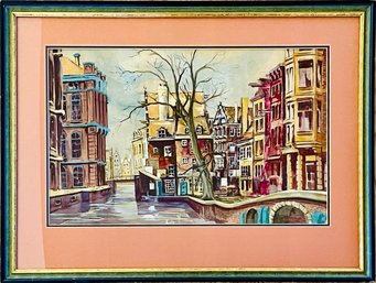 Quaint City Landscape Framed Watercolor Painting