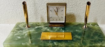 Vintage Green Onyx Desk Clock And Pen Holder