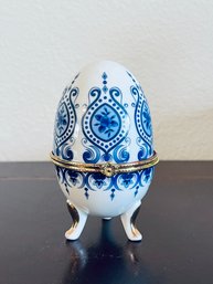 Vintage Blue And White Porcelain Egg Trinket Box