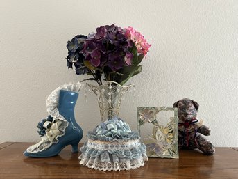 Assortment Of Floral Home Decor Including Wire Vase