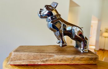 Vintage Hood Ornament Mack Metallic Dog Figure On Wood Base