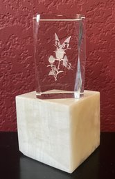 Floral 3d Laser Etched Glass Paper Weight And Square Stone Base