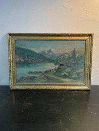1921 Signed Painting Of A House By The Lake