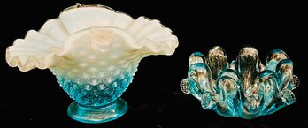 Vintage Fenton 1940 Blue Opalescent Hobnail Glass Bowl, Vintage Aqua Blue Art Glass Salt Cellar/ Ashtray