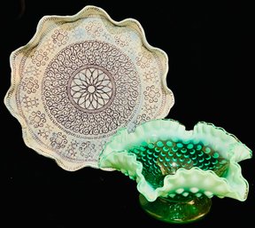 FENTON Hobnail Green Opalescent Glass Footed PedestalBowl & Decorative Ceramic Plate