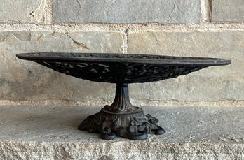 Vintage Decorative Cast Iron Pedestal Bowl With Black Finish & Ornate Mythology Motif