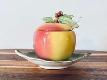 Vintage Peach Shaped Jam Jar With Lid And Spoon