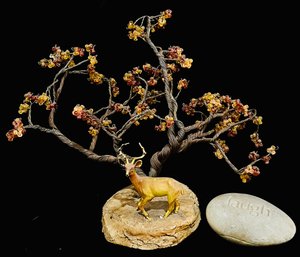 Vintage Copper Wire/ Bead Tree With Deer & Laugh Rock