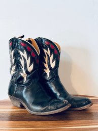 Vintage Goding Black Cowboy Boots With Fancy Uppers In Red And White