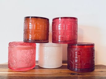 Collection Of Pink, Red And White Glass Jars