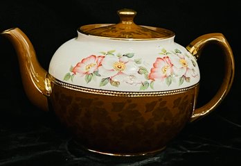 Antique Sadler Brown & White Hand Painted Flower Teapot Staffordshire England