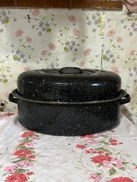 Vintage Black And White Speckled Oval Roasting Pan