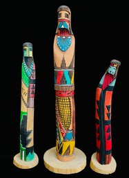 Trio Of Native American Hand Carved Figurines Including Hemis, Sun Face And Corn Shalaka, Signed By Artists