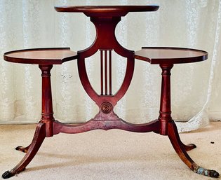 Antique Mersman Solid Oak 3 Tier Plant Stand Harp Table 4 Leg Brass Footed Base