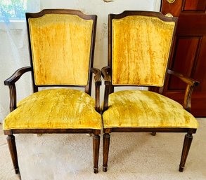 Pair Of Vintage Velvet Yellow Gold Wood Arm Chairs