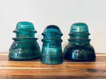 Trio Of Aqua Blue Glass Insulators