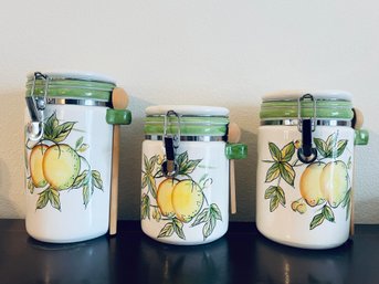 Trio Of Double Lemon Designed Cannisters With Spoons