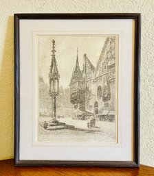 Signed By Artist European City Etching In Frame