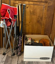 Lot Of Baseballs Gloves, Bats, Glasses, Balls, & Folding Chair