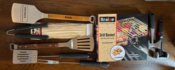 Lot Of BBQ Utensils & Grill Basket W/ Removable Handle