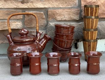 Glazed Pottery Set With Tea Kittle, Cups, And More