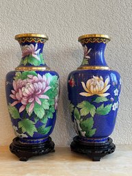 Pair Of Blue Floral Chinese Cloisonne Vases