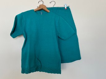 Vintage Turquoise Knitted Short Sleeve Top And Skirt