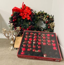 Pair Of Christmas Wreaths, Faux Greenery And Ornaments