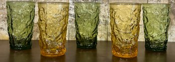 Set Of 5 Vintage Anchor Hocking Small Green & Yellow Juice Glasses