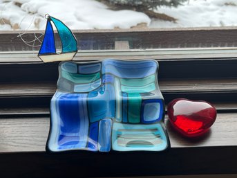 Multi Colored Decorative Glass Tray, Glass Heart And Stained Glass Sailboat