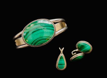 Malachite And Sterling Silver Cuff, Clip-on Earrings And Pendant Set