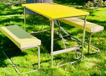 Vintage Yellow Table With Fold Out Benches