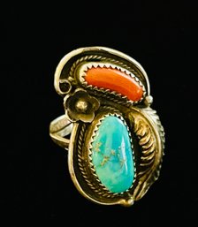 Old Pawn Coral, Sterling Silver And Turquoise Ring- Size 8