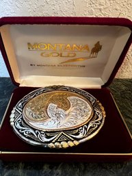 Belt Buckle - Montana Silversmiths - Montana Gold - Sterling Silver And Gold With Red Velvet Box