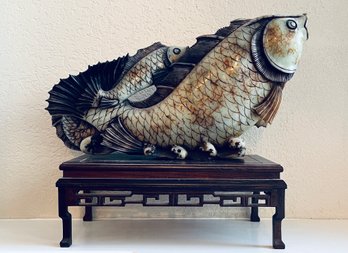 Vintage Natural Mineral Koi Fish On Wood Base