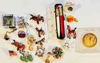 Lot Of Lapel Pins, Stonehenge Coin & Love Note Pens