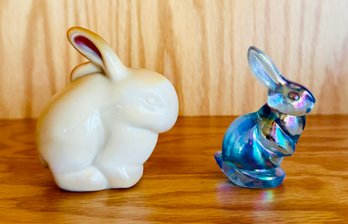 Duo Of Handmade Fenton Rabbit Figurines