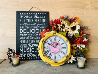 Home Decor- Clock, Wreath And Candles