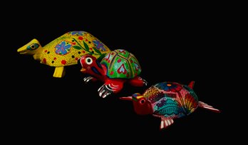 Trio Of Handpainted Folk Turtle Alebrije Figurines By Sergio Hernandez Cruz & R. Angelos
