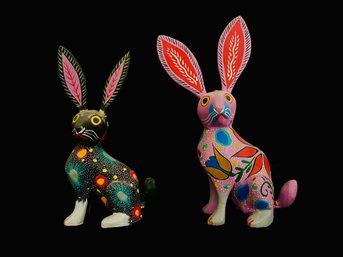 Duo Of Mexican Handpainted Folk Rabbit Alebrije Figurines