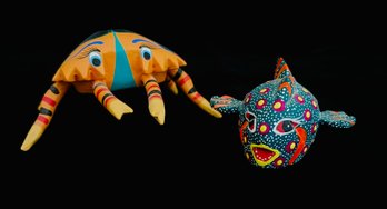 Mexican Handpainted Folk Fish & Crab Alebrije Figurines By Bili Mendoza & Candido P.V.