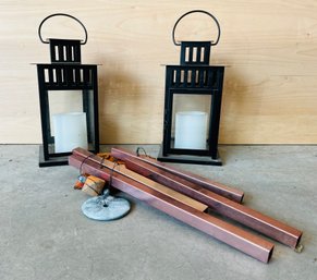 Pair Of Outdoor Lanterns And Wind Chime