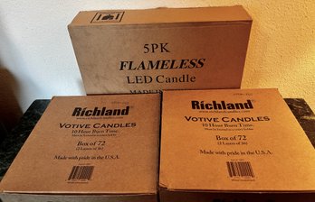 Votive Candles - 2 (two) Boxes Of 72 Traditional Candles - One (1) Box Of Flameless Candles - NIB