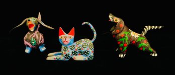 Mexican Handpainted Folk Cat & Dogs Alebrije Figurines By Elpidio Fabin