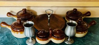 Vintage Pots And Wooden Serving Tray