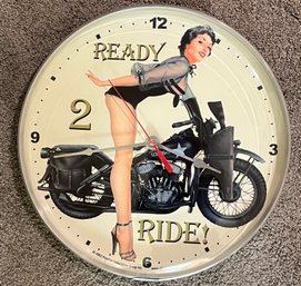 Ready 2 Ride! Wall Clock With Vintage-style Pinup Girl American Motorcycle