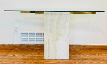 Modern Console Sofa Table Travertine & Brass Plate With Glass Top
