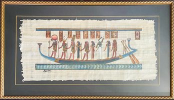 Signed By Artist Hand Painted Ancient Egyptian Gods In Boat Papyrus Art Made In Egypt