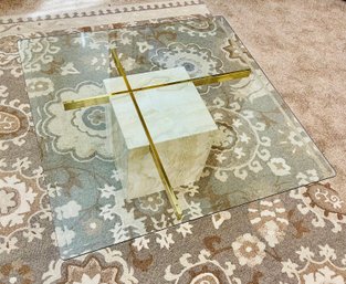 Mid-century Square Travertine And Glass Coffee Table By Artedi Italy 1970s